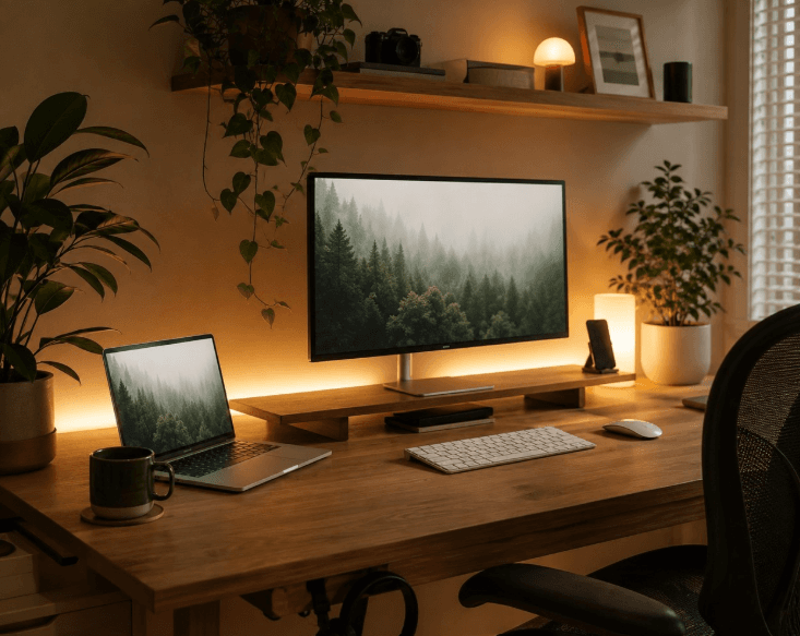 Warm desk setup with plants and ambient light