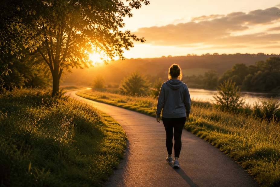 Person walking outdoors at sunrise